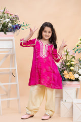 Fuchsia Pink Embroidered Kurti With Pastel Yellow Farsi Salwar Set