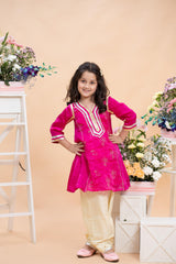 Fuchsia Pink Embroidered Kurti With Pastel Yellow Farsi Salwar Set