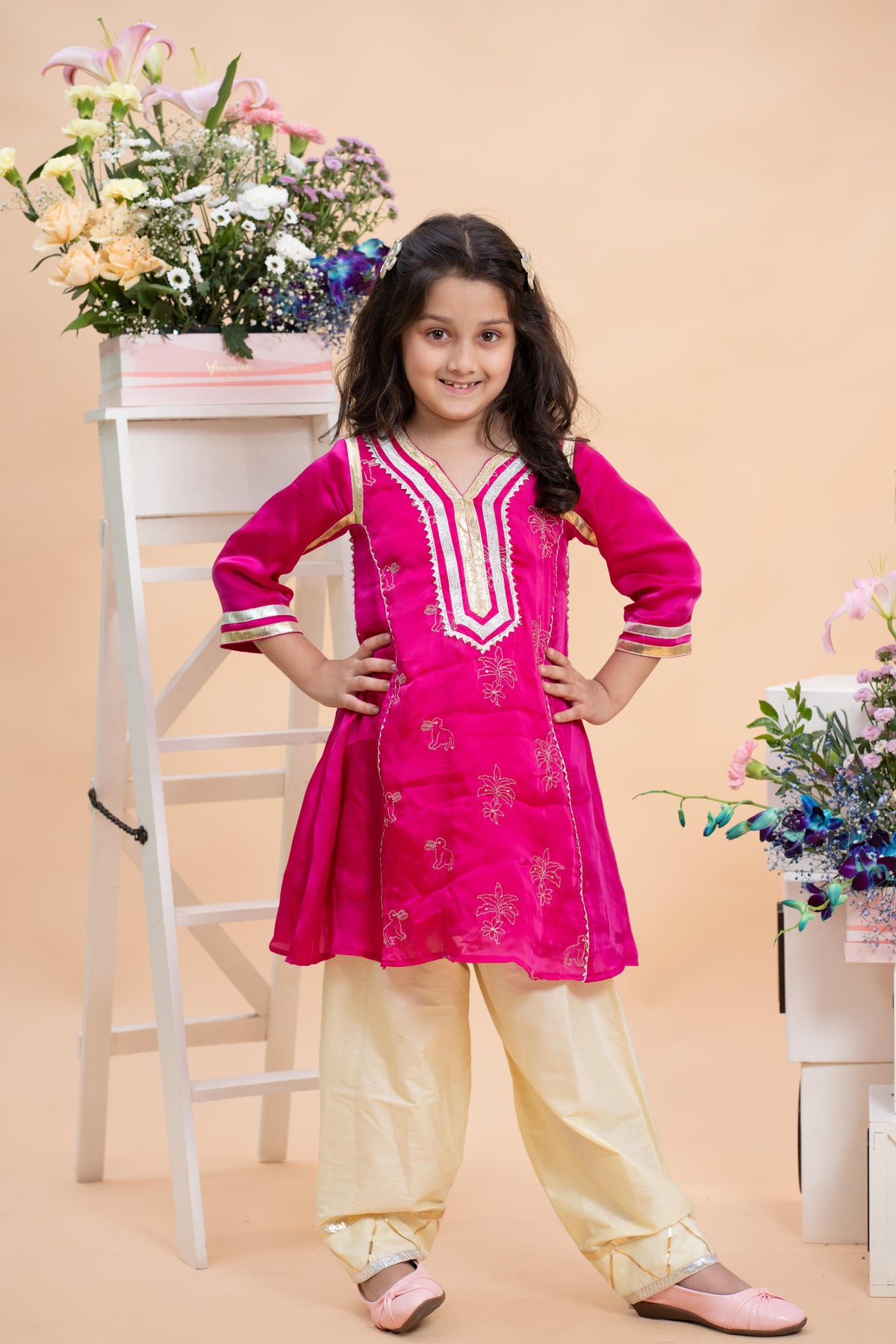 Fuchsia Pink Embroidered Kurti With Pastel Yellow Farsi Salwar Set
