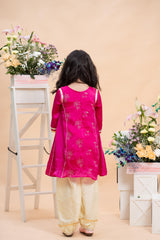 Fuchsia Pink Embroidered Kurti With Pastel Yellow Farsi Salwar Set