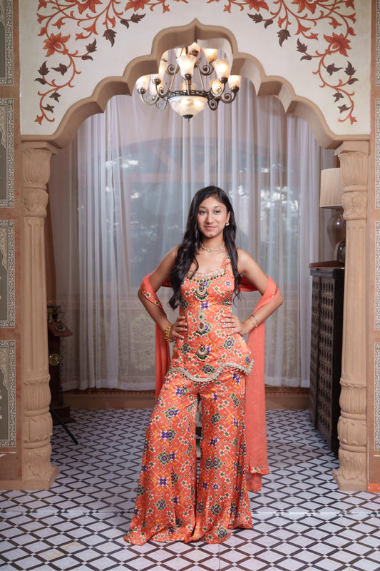 Coral Printed Jewellery-Inspired Embroidered Peplum Top And Flared Palazzo Set With Dupatta
