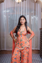 Coral Printed Jewellery-Inspired Embroidered Peplum Top And Flared Palazzo Set With Dupatta