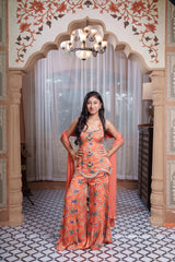 Coral Printed Jewellery-Inspired Embroidered Peplum Top And Flared Palazzo Set With Dupatta