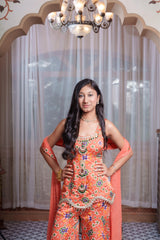 Coral Printed Jewellery-Inspired Embroidered Peplum Top And Flared Palazzo Set With Dupatta