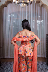 Coral Printed Jewellery-Inspired Embroidered Peplum Top And Flared Palazzo Set With Dupatta