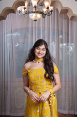 Mustard Yellow Hand-Embroidered Crop Top, Flared Palazzo & Dupatta Set
