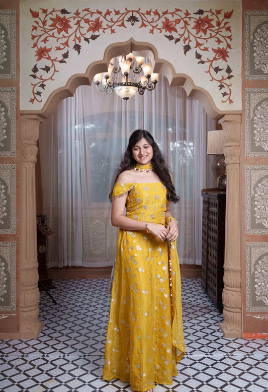 Mustard Yellow Hand-Embroidered Crop Top, Flared Palazzo & Dupatta Set