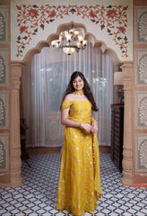 Mustard Yellow Hand-Embroidered Crop Top, Flared Palazzo & Dupatta Set