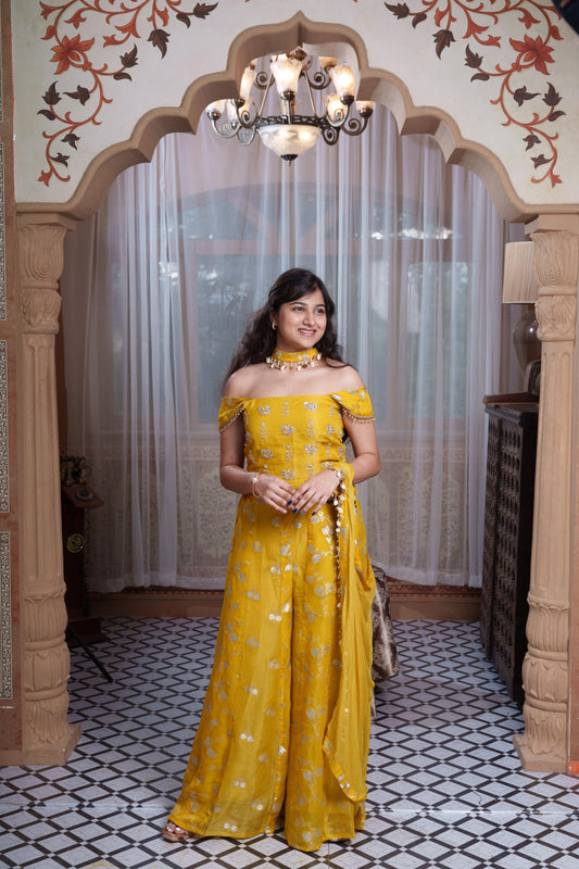 Mustard Yellow Hand-Embroidered Crop Top, Flared Palazzo & Dupatta Set