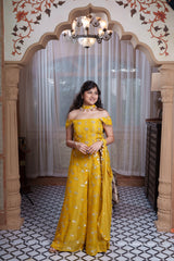 Mustard Yellow Hand-Embroidered Crop Top, Flared Palazzo & Dupatta Set