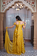 Mustard Yellow Hand-Embroidered Crop Top, Flared Palazzo & Dupatta Set