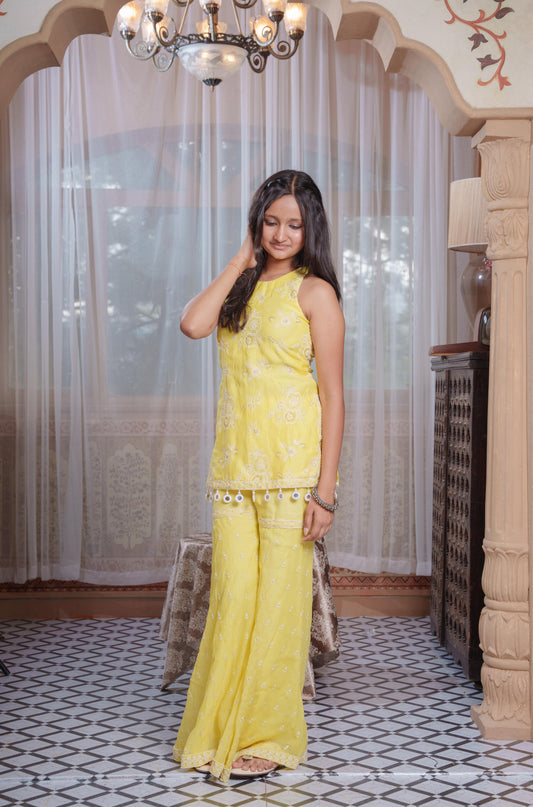 Lemon Yellow Embroidered Halter Kurta With Flared Palazzo Set & Beaded Detailing