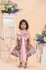 blush jacquard party dress for girls with satin bow by Kirti Agarwal