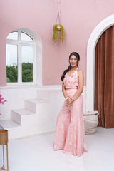 Blush Pink Floral Embroidered Halter Neck Crop Top And Flared Palazzo Set With Tassel Detailing