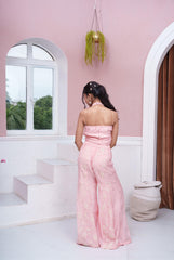 Blush Pink Floral Embroidered Halter Neck Crop Top And Flared Palazzo Set With Tassel Detailing