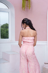Blush Pink Floral Embroidered Halter Neck Crop Top And Flared Palazzo Set With Tassel Detailing