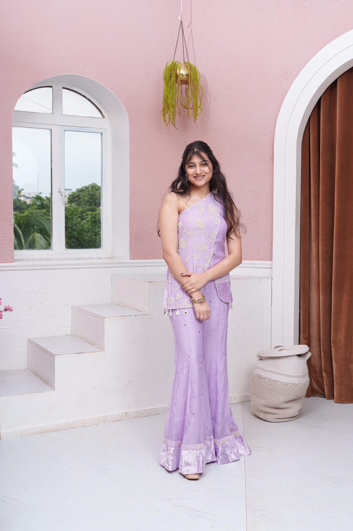 Lavender One-Shoulder Embroidered Top And Flared Palazzo Set With Velvet & Hanging Loop Detailing
