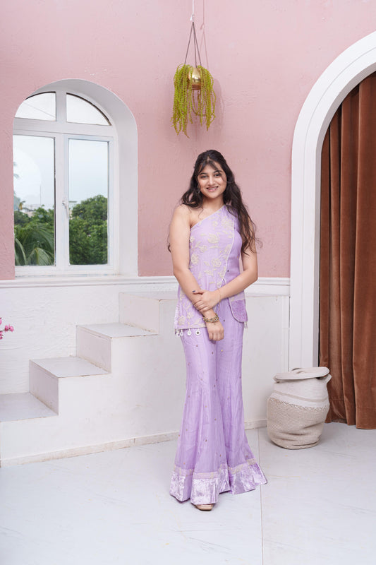 Lavender One-Shoulder Embroidered Top And Flared Palazzo Set With Velvet & Hanging Loop Detailing