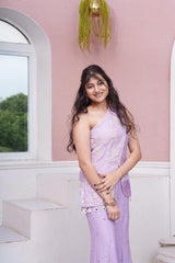 Lavender One-Shoulder Embroidered Top And Flared Palazzo Set With Velvet & Hanging Loop Detailing
