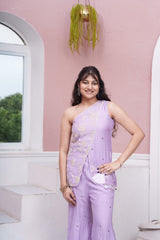 Lavender One-Shoulder Embroidered Top And Flared Palazzo Set With Velvet & Hanging Loop Detailing