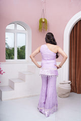 Lavender One-Shoulder Embroidered Top And Flared Palazzo Set With Velvet & Hanging Loop Detailing