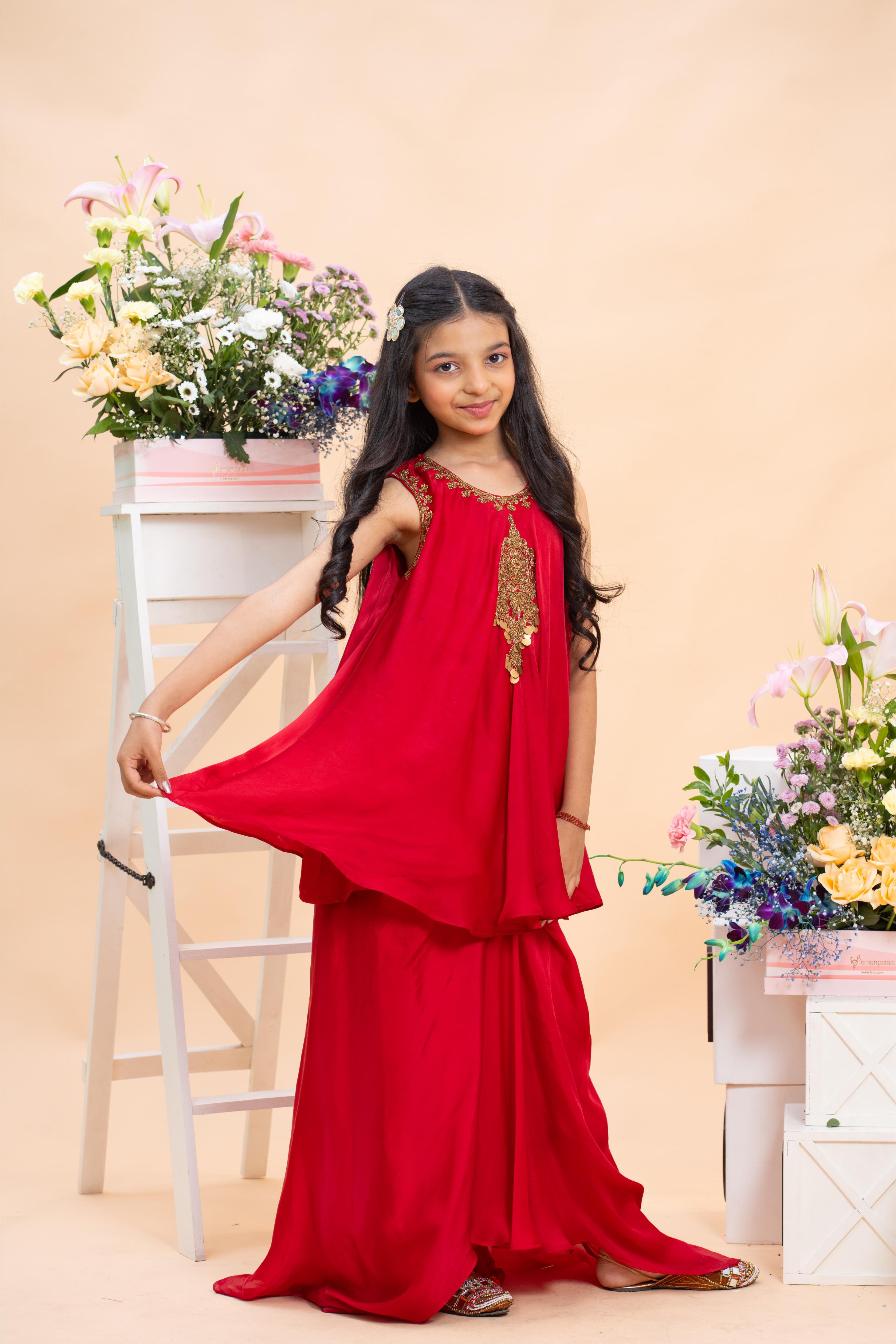 designer ruby red girls sharara outfit for wedding and festive wear