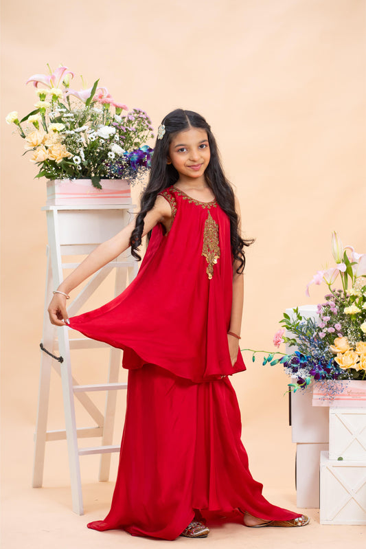 designer ruby red girls sharara outfit for wedding and festive wear