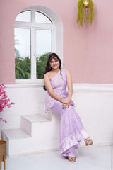 Lavender One-Shoulder Embroidered Top And Flared Palazzo Set With Velvet & Hanging Loop Detailing