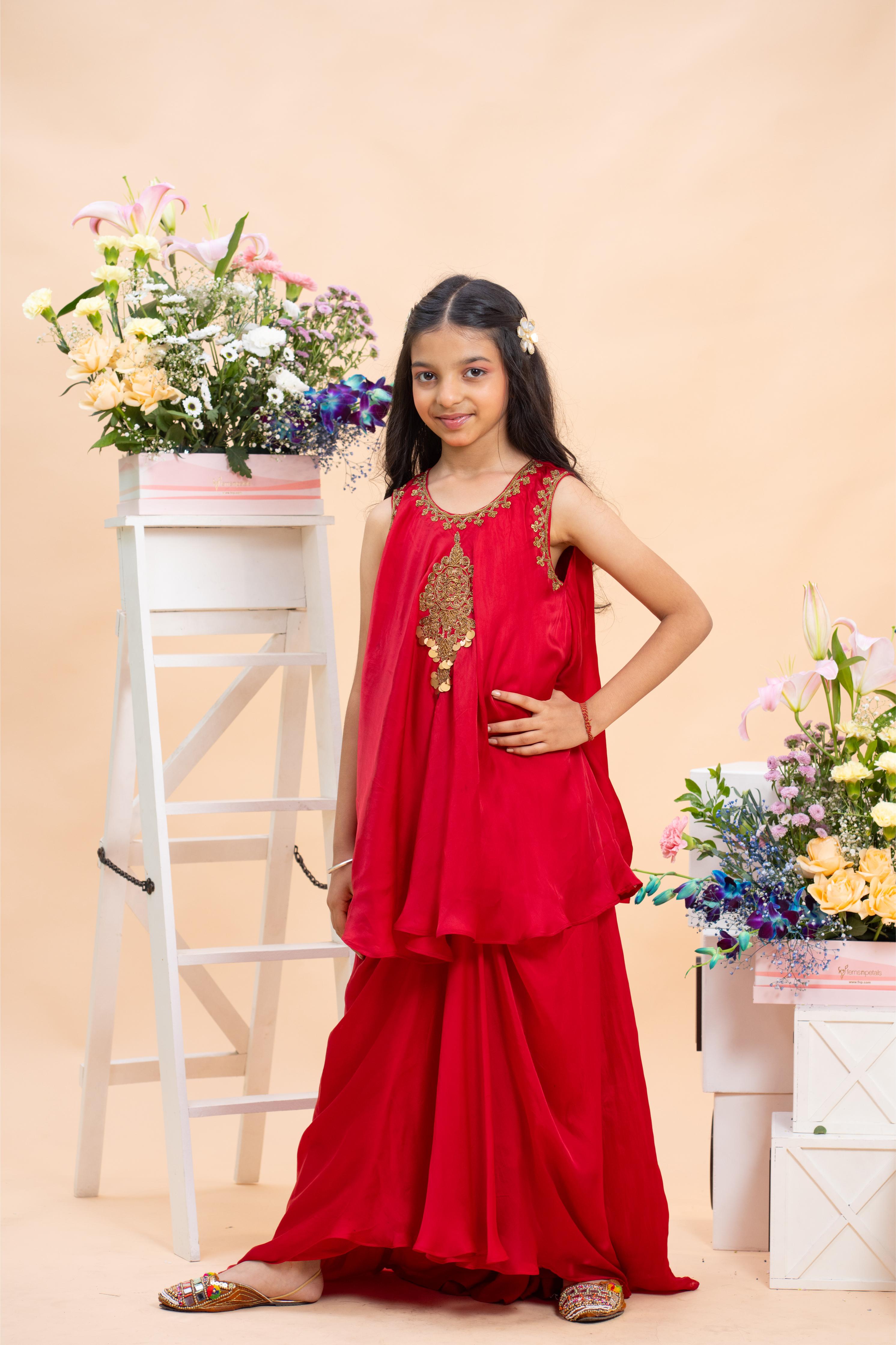 ruby red embroidered sharara set for girls by Kirti Agarwal