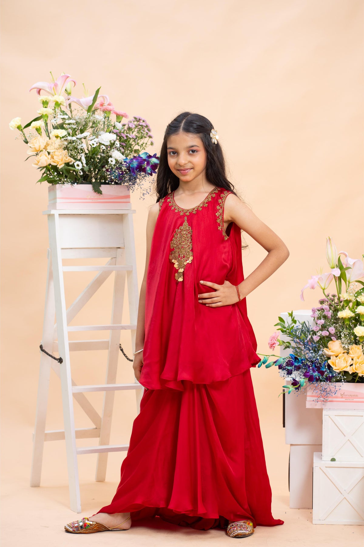ruby red embroidered sharara set for girls by Kirti Agarwal