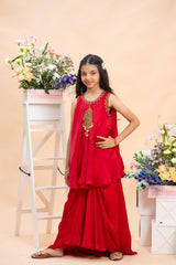 ruby red embroidered sharara set for girls by Kirti Agarwal