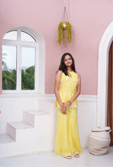 Lemon Yellow Embroidered Halter Kurta With Flared Palazzo Set & Beaded Detailing