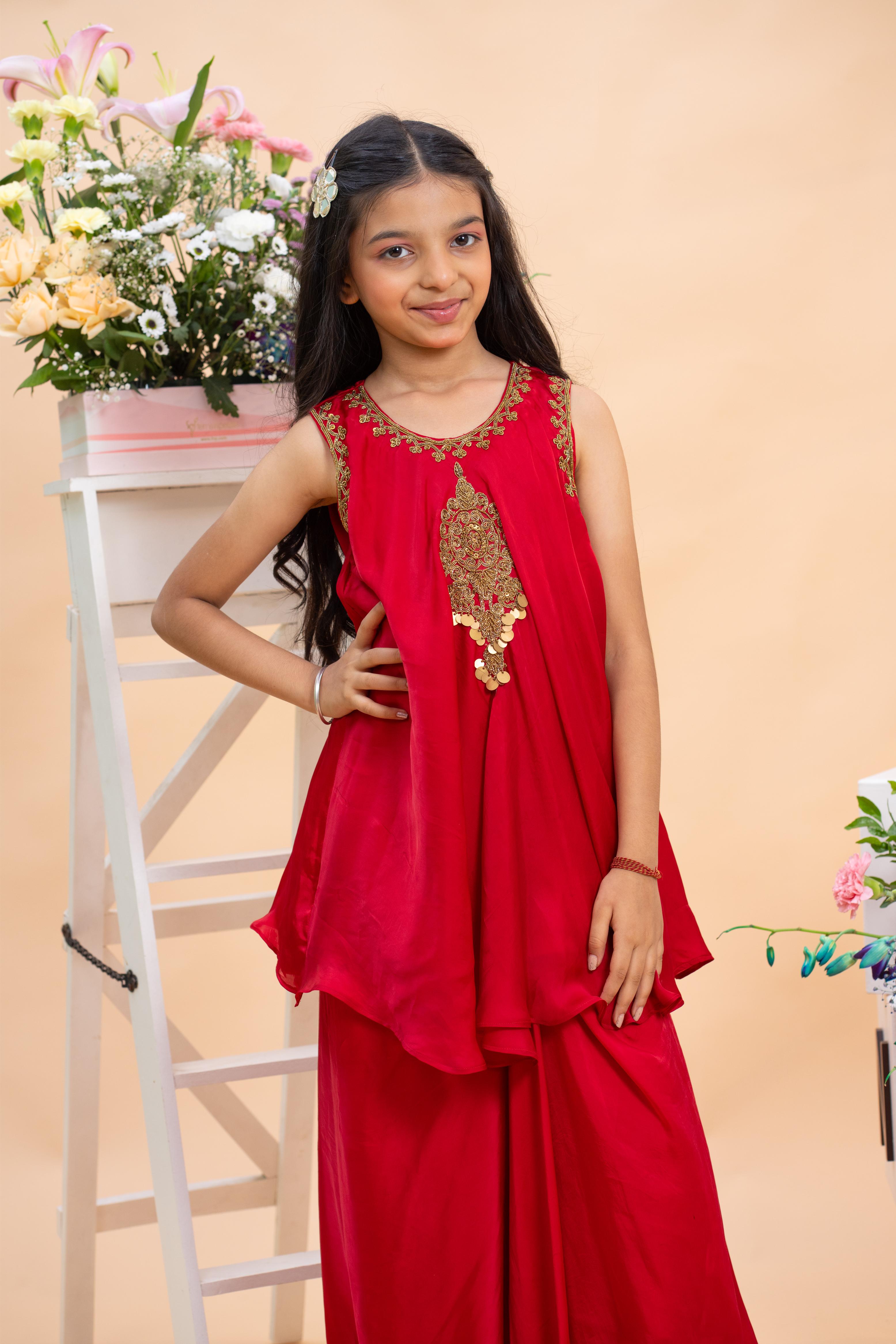 kids ruby red embroidered sharara ethnic outfit