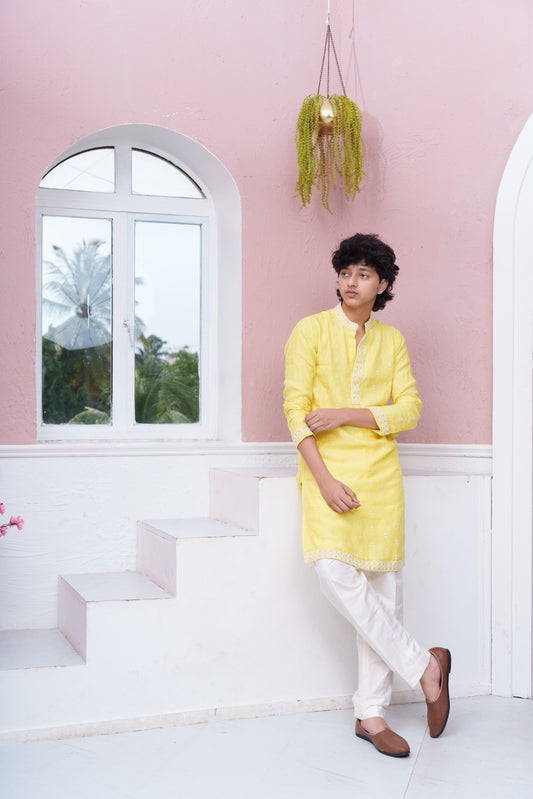 Lemon Yellow Embroidered Kurta With White Pyjama Set