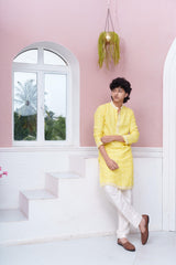 Lemon Yellow Embroidered Kurta With White Pyjama Set