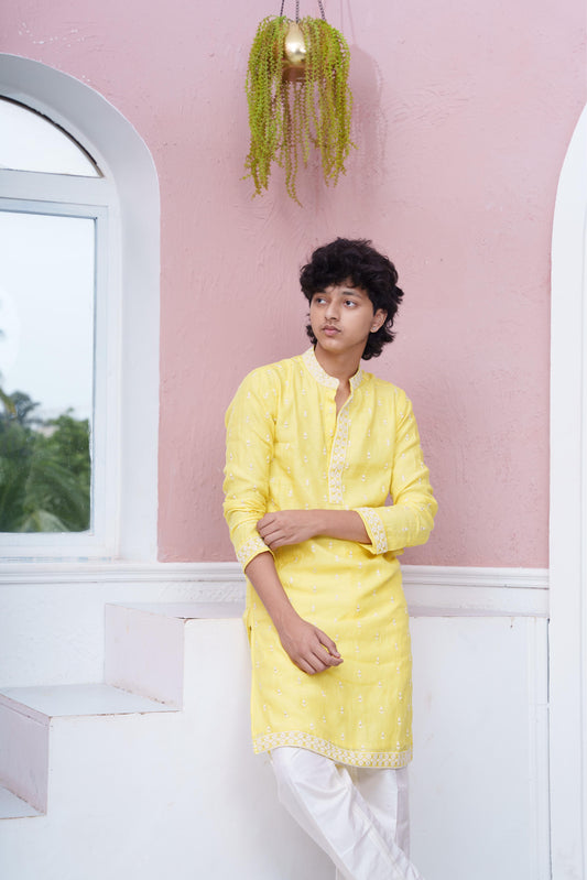 Lemon Yellow Embroidered Kurta With White Pyjama Set