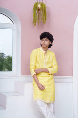 Lemon Yellow Embroidered Kurta With White Pyjama Set