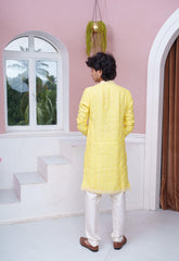 Lemon Yellow Embroidered Kurta With White Pyjama Set