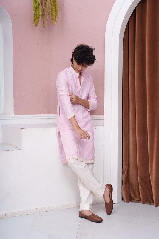 Pastel Pink Embroidered Kurta With White Pyjama Set