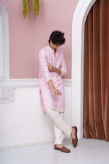 Pastel Pink Embroidered Kurta With White Pyjama Set