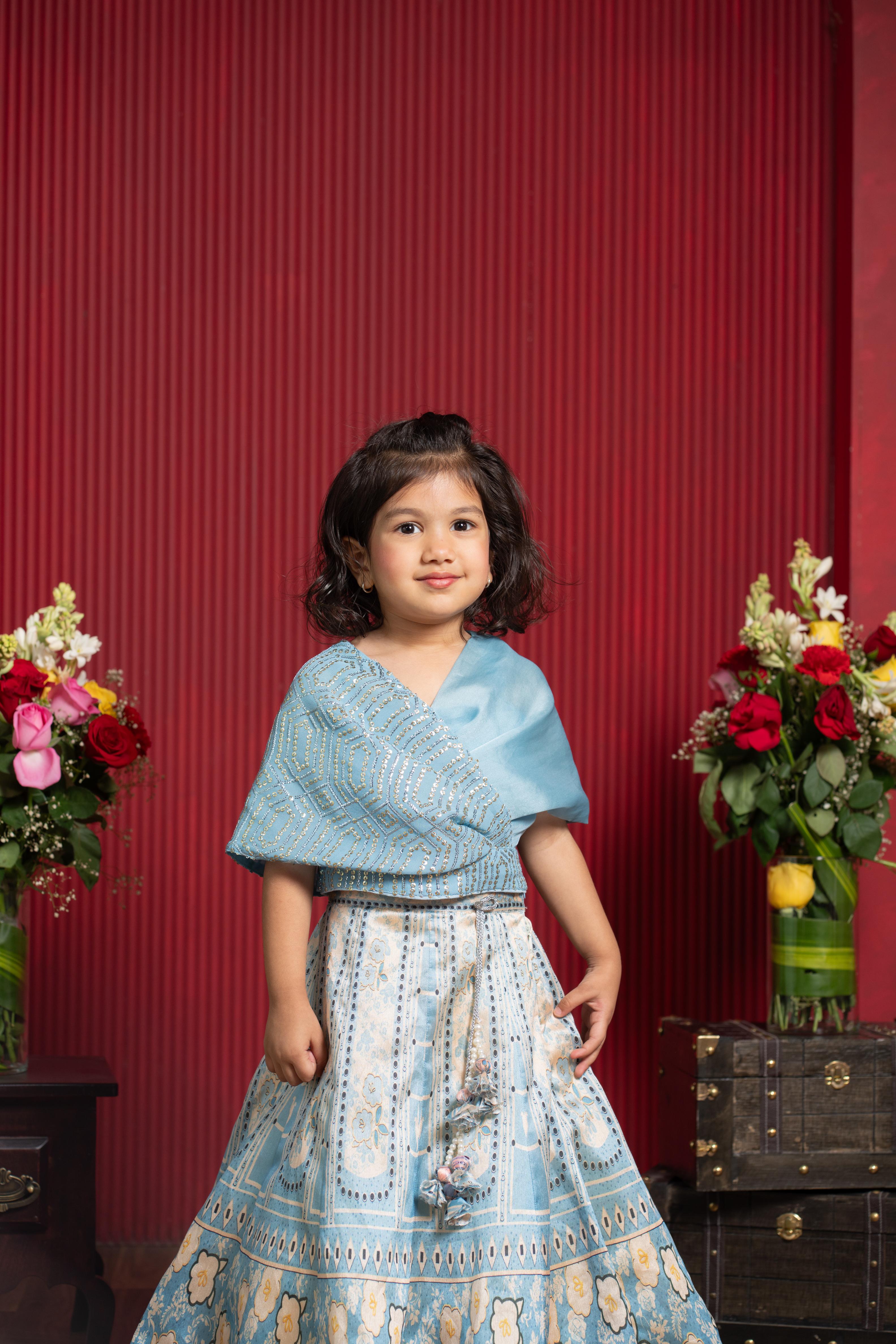 kids powder blue printed lehenga with draped blouse festive outfit