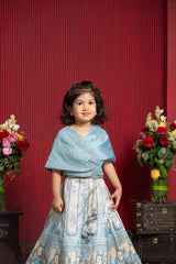 kids powder blue printed lehenga with draped blouse festive outfit