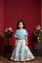 Powder Blue Draped Blouse & Printed Lehenga Set for Girls | Designer Festive Outfit | Kirti Agarwal