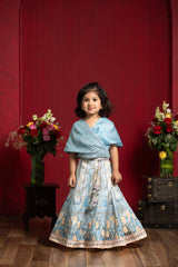 Powder Blue Draped Blouse & Printed Lehenga Set for Girls | Designer Festive Outfit | Kirti Agarwal