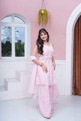 Pastel Pink Embroidered Peplum Top With Flared Palazzo & Dupatta