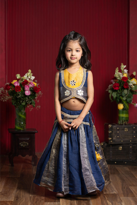 designer mustard crop top navy lehenga outfit for girls festive wear