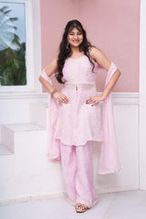 Pastel Pink Embroidered Peplum Top With Flared Palazzo & Dupatta