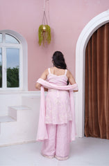 Pastel Pink Embroidered Peplum Top With Flared Palazzo & Dupatta