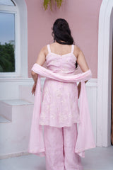 Pastel Pink Embroidered Peplum Top With Flared Palazzo & Dupatta