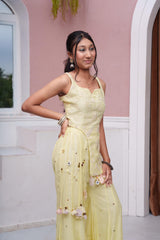 Pastel Yellow Floral Embroidered Asymmetric Top With Flared Palazzo & Tassel Detailing